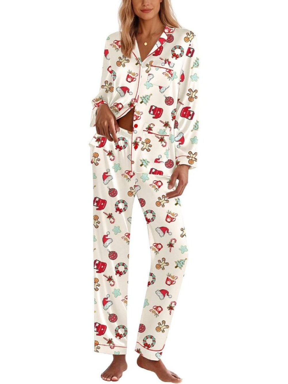 Women's Gingerbread Button Down Long Sleeve Sleepwear Pajama Set with Pockets